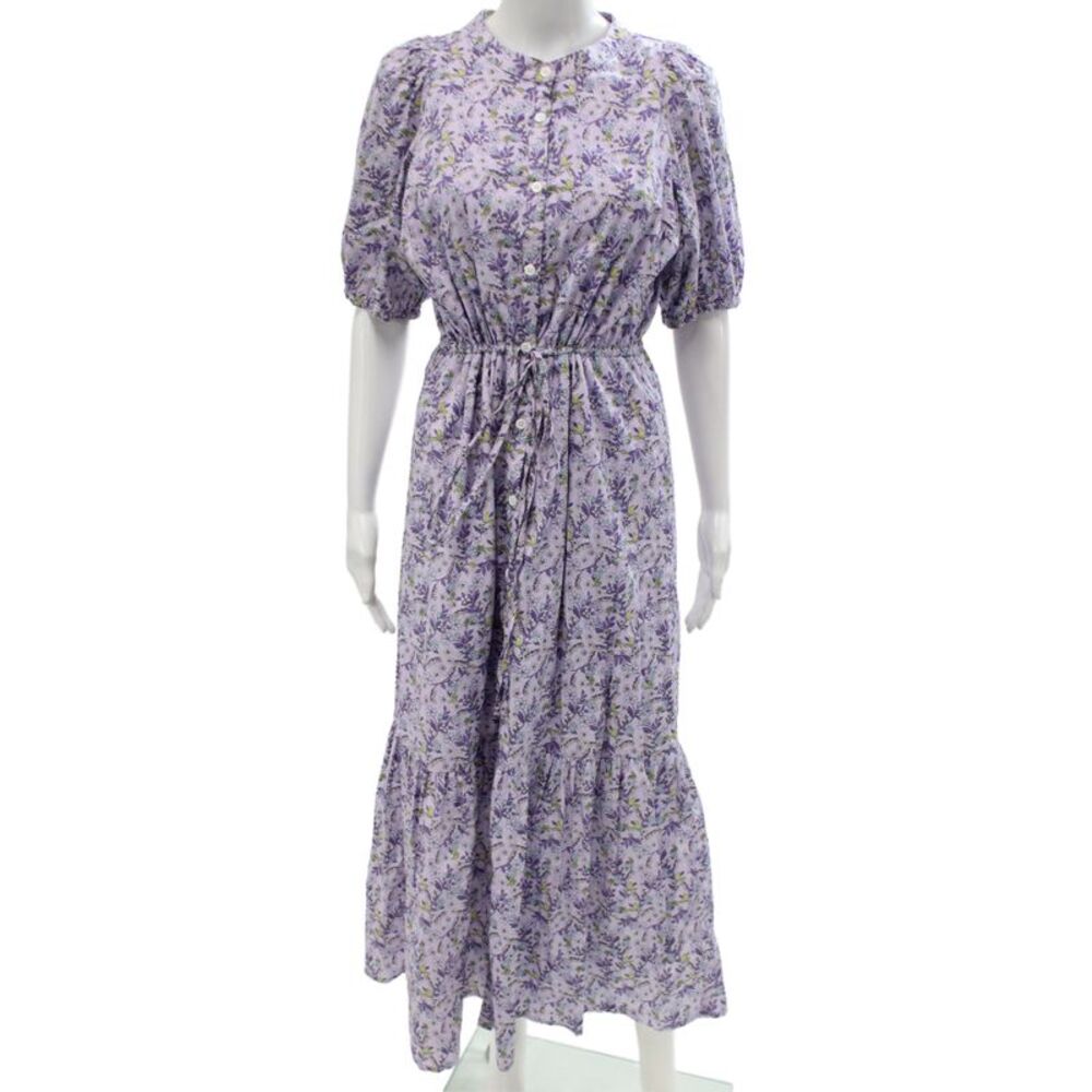 Hyacinth House Women Purple Floral Cotton Short Sleeve Shirt Dress Long Size M